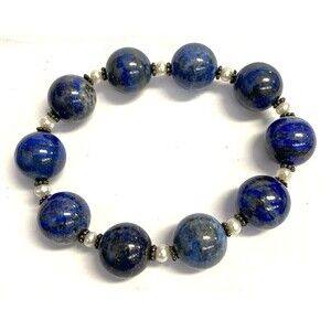 Vintage Lapis Lazuli and Freshwater Pearl Beaded Bracelet Tiny Silver Accents